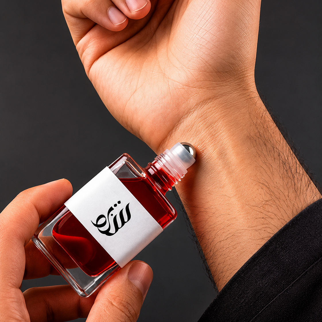 Hand holding a small red bottle with a white label against a dark background
